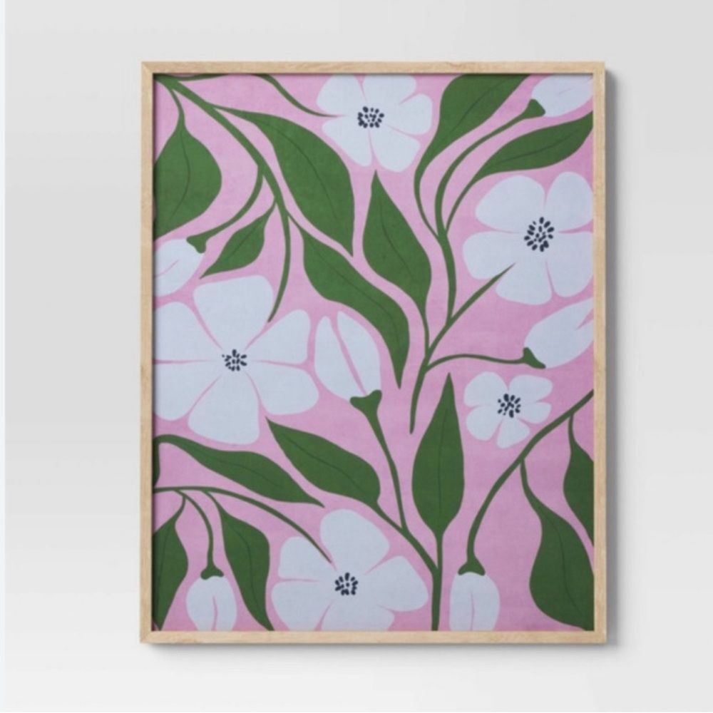 ROOM ESSENTIALS NWT floral print framed wall art -pink/green -16x20